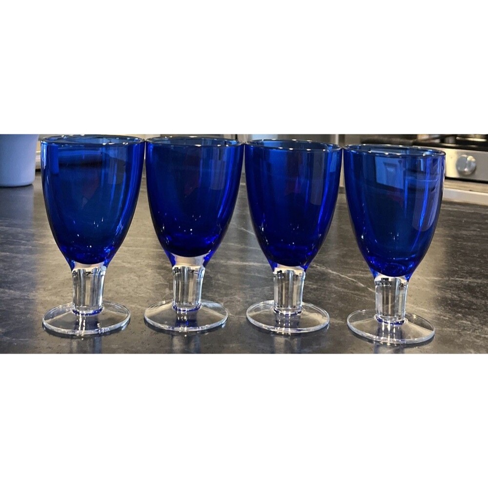 Set Of 4 Cobalt Blue Fluted Wine Goblets With Clear Stems 6x3’ ea